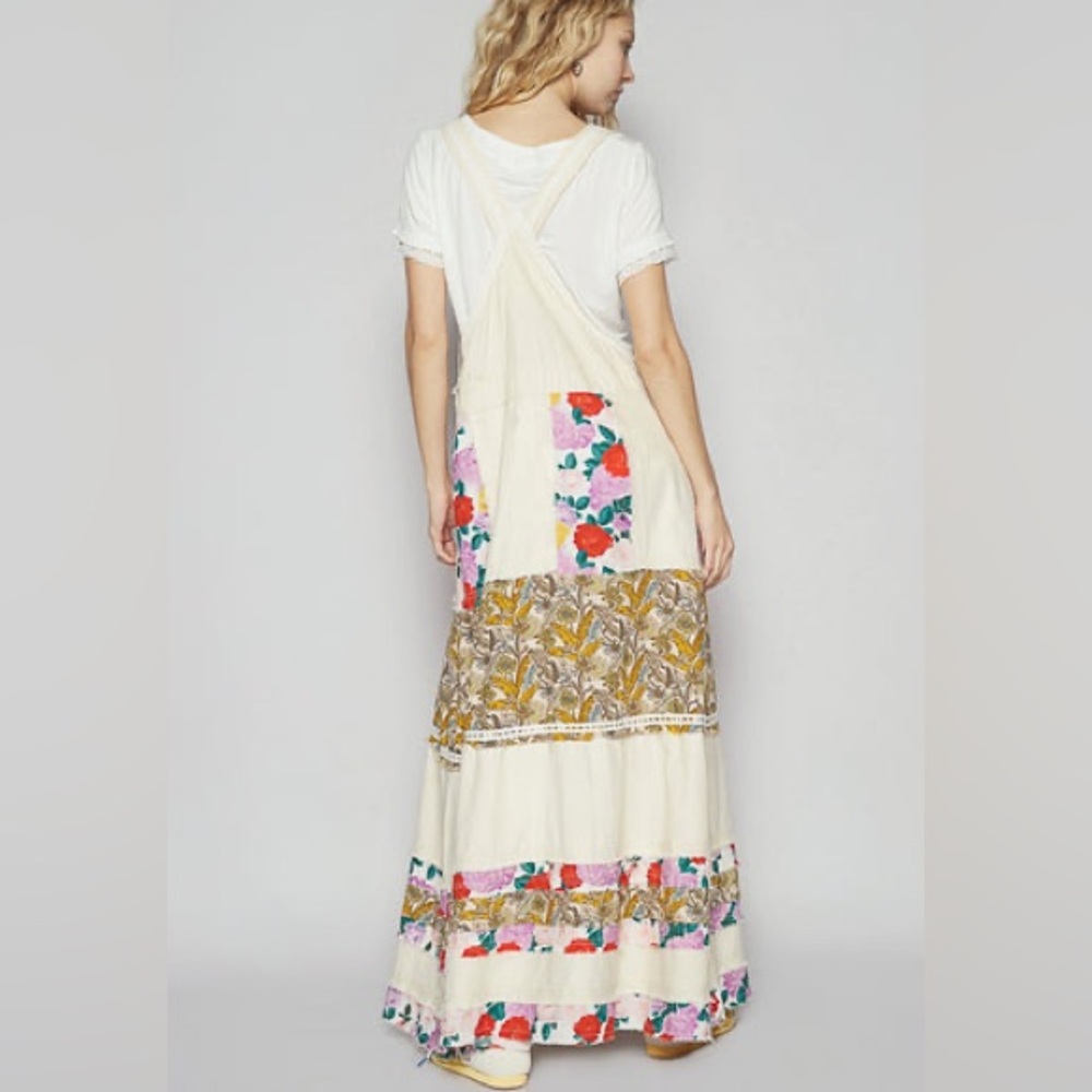 POL Mixed Print Patchwork Overall Dress in Oatmilk - Picture 5 of 11